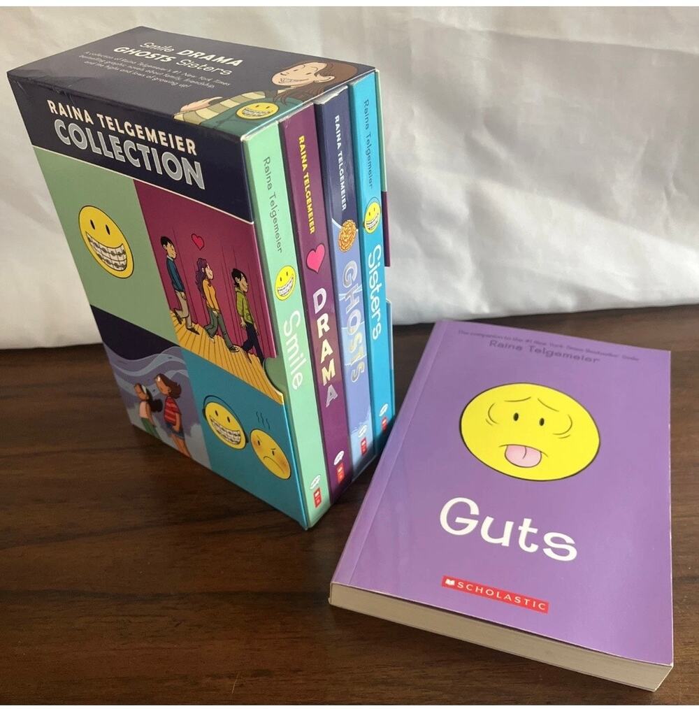 Raina Telgemeier Boxed Set (Smile, Drama, Ghosts, Sisters) + Guts Graphic Novels